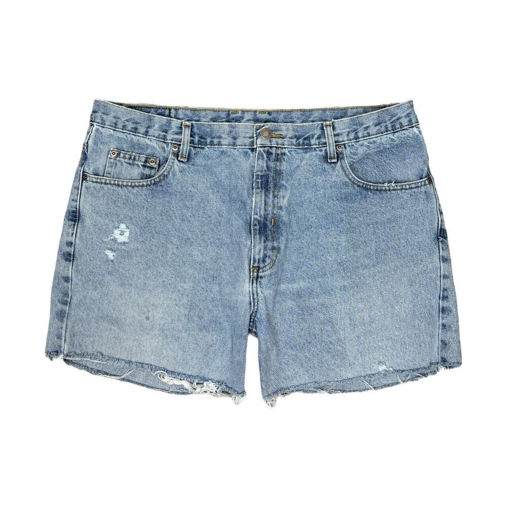 Custom Reworked Light Wash Denim Cutoffs Shorts 38 Blue Distressed High Rise